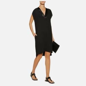 Vince Satin Trim V Neck Crepe Popover Shirt Shift Dress Black Midi Women's L